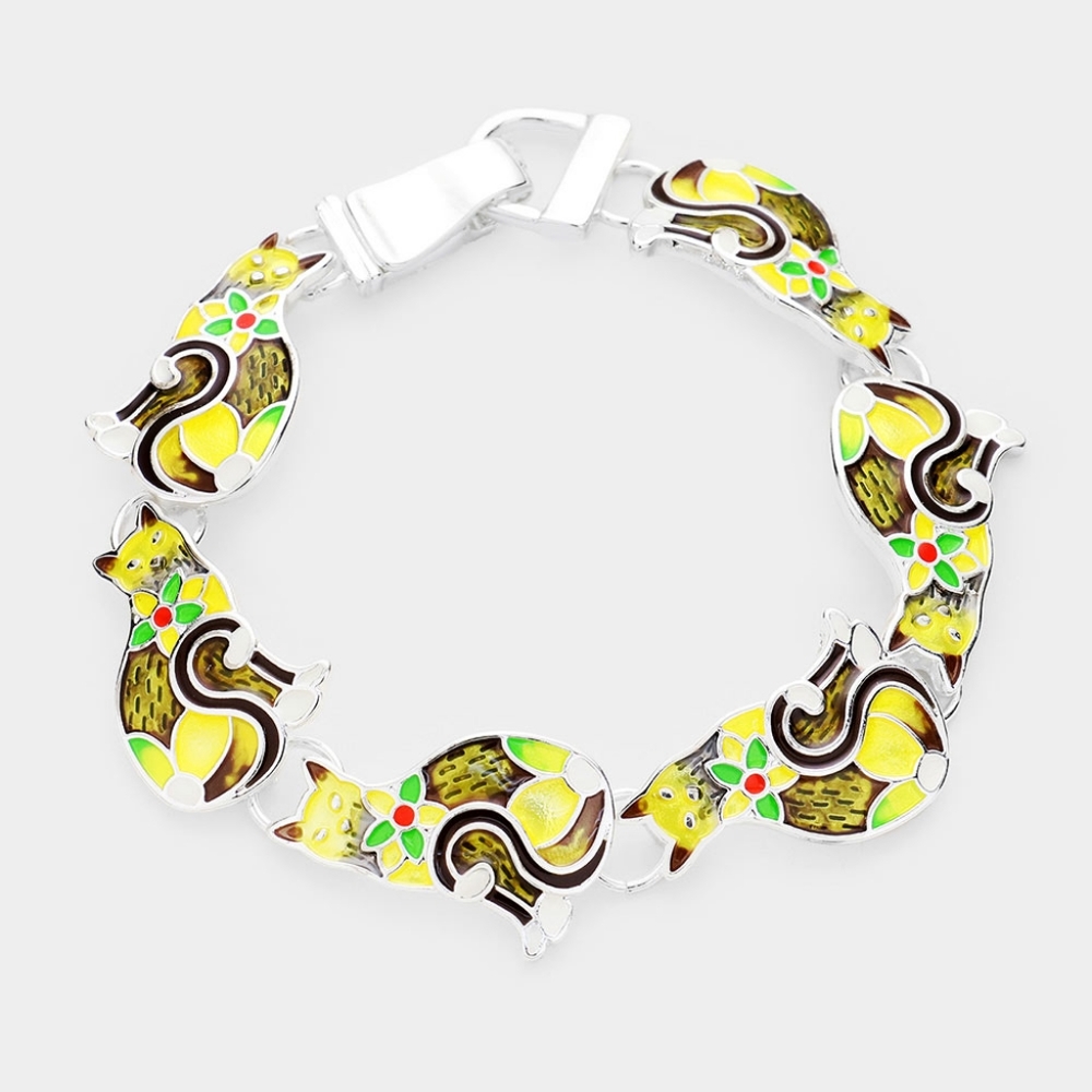 Yellow Cat Mom Charm Beaded Link Bracelet Magnetic Closure Statement Jewelry